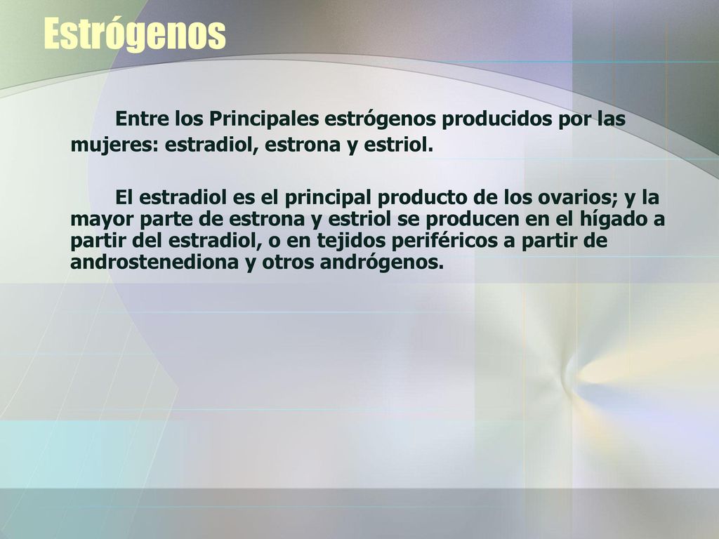 Estrógenos Entre los Principales estrógenos producidos por las mujeres: estradiol, estrona y estriol.