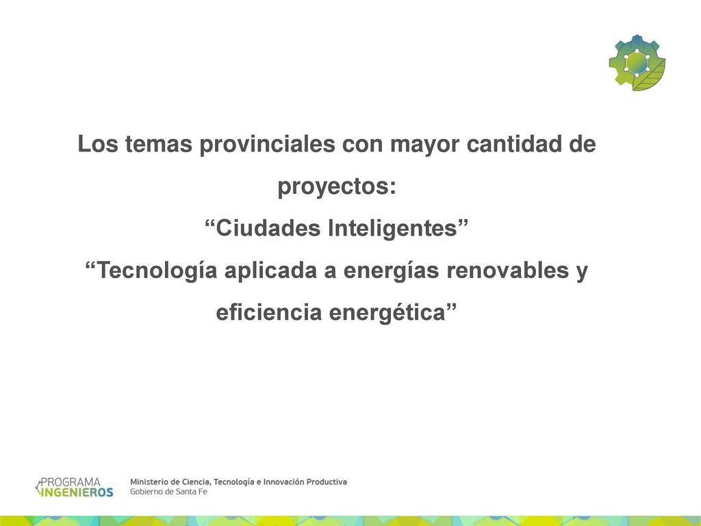 Los temas provinciales con mayor cantidad de proyectos: Ciudades Inteligentes Tecnología aplicada a energías renovables y eficiencia energética