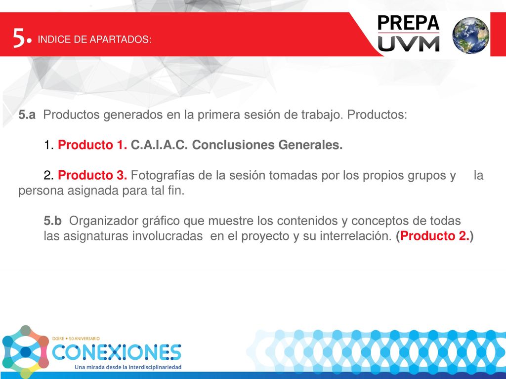 5. INDICE DE APARTADOS: 5.a Productos generados en la primera sesión de trabajo. Productos: 1. Producto 1. C.A.I.A.C. Conclusiones Generales.