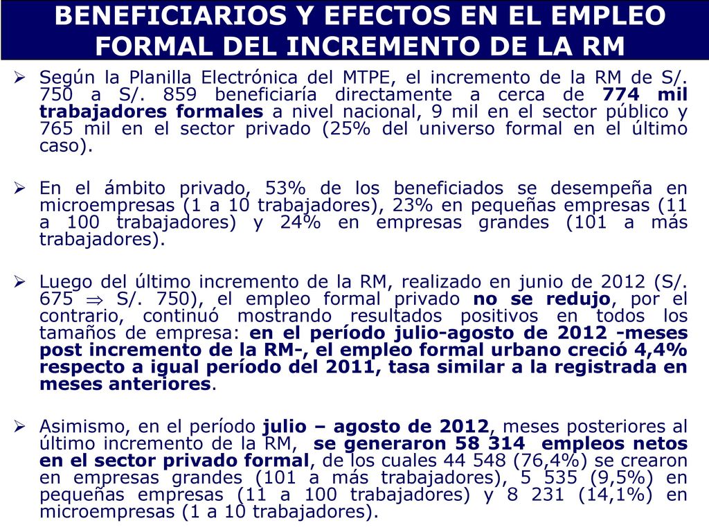 BENEFICIARIOS Y EFECTOS EN EL EMPLEO FORMAL DEL INCREMENTO DE LA RM