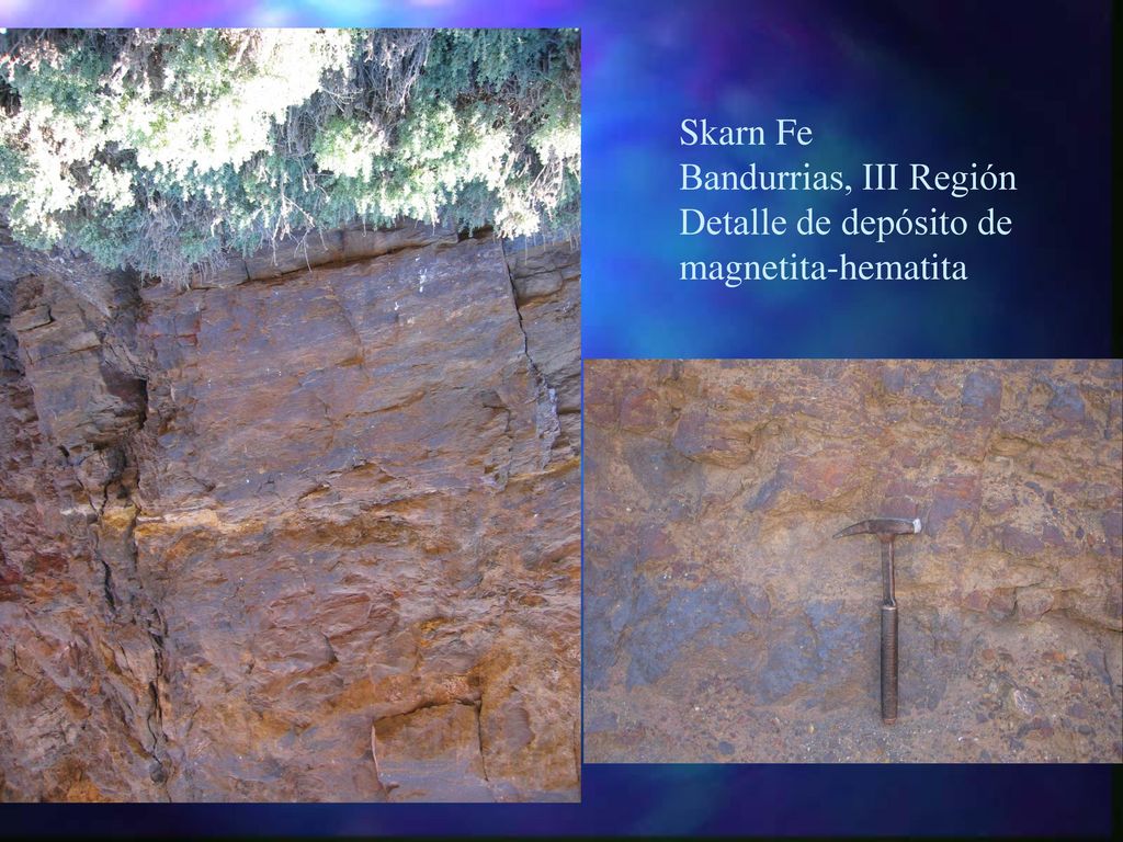 Skarn Fe Bandurrias, III Región Detalle de depósito de magnetita-hematita