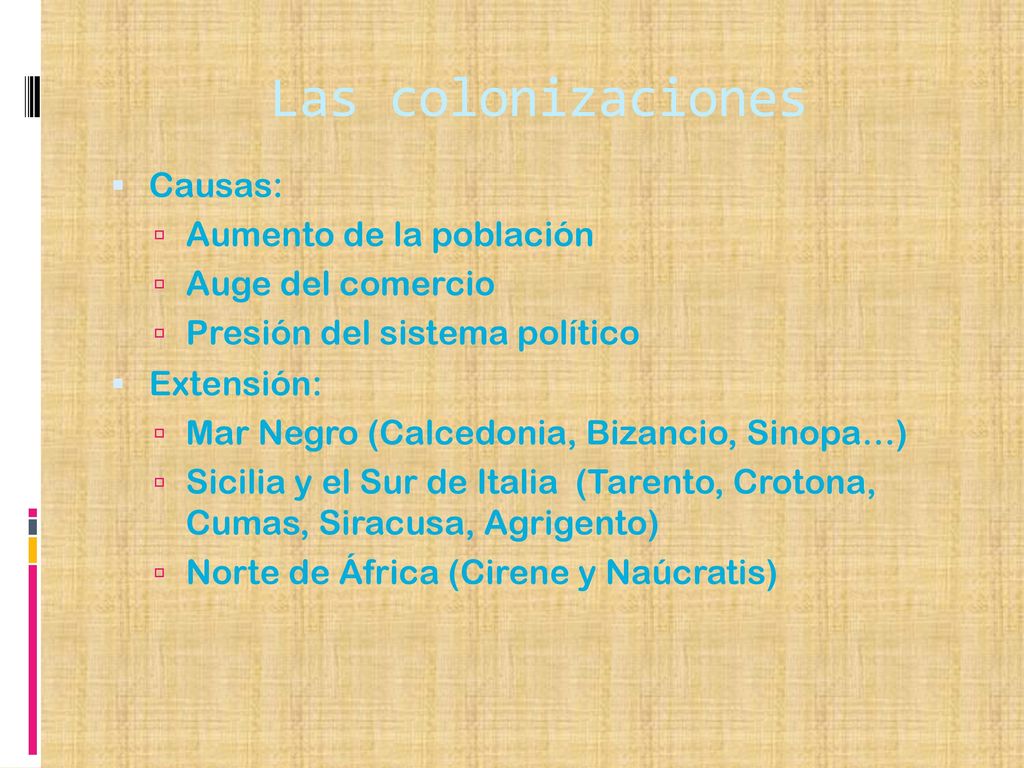 Las colonizaciones Causas: Aumento de la población Auge del comercio