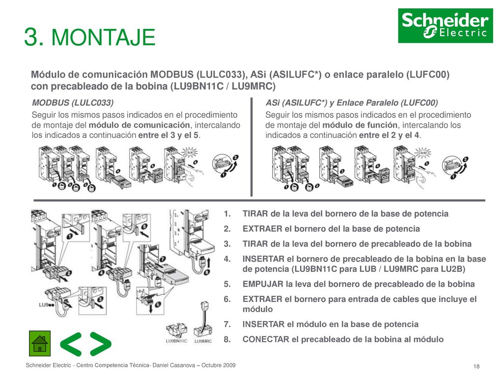 3. MONTAJE Módulo de comunicación MODBUS (LULC033), ASi (ASILUFC*) o enlace paralelo (LUFC00) con precableado de la bobina (LU9BN11C / LU9MRC)