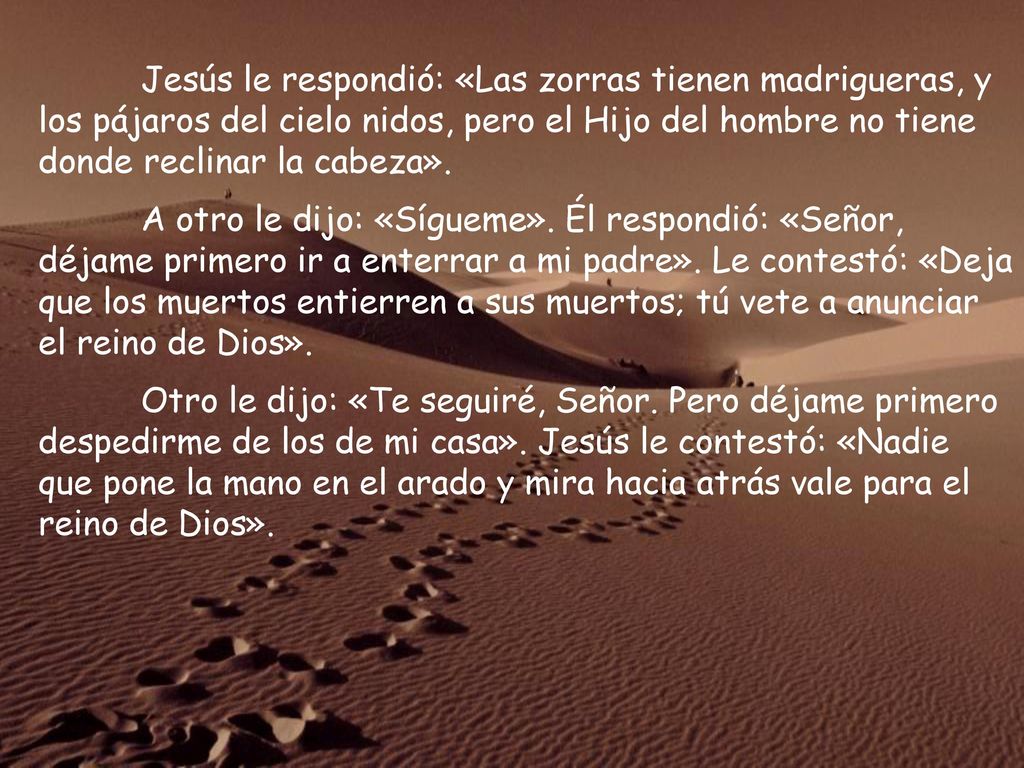 Jesús le respondió: «Las zorras tienen madrigueras, y los pájaros del cielo nidos, pero el Hijo del hombre no tiene donde reclinar la cabeza».