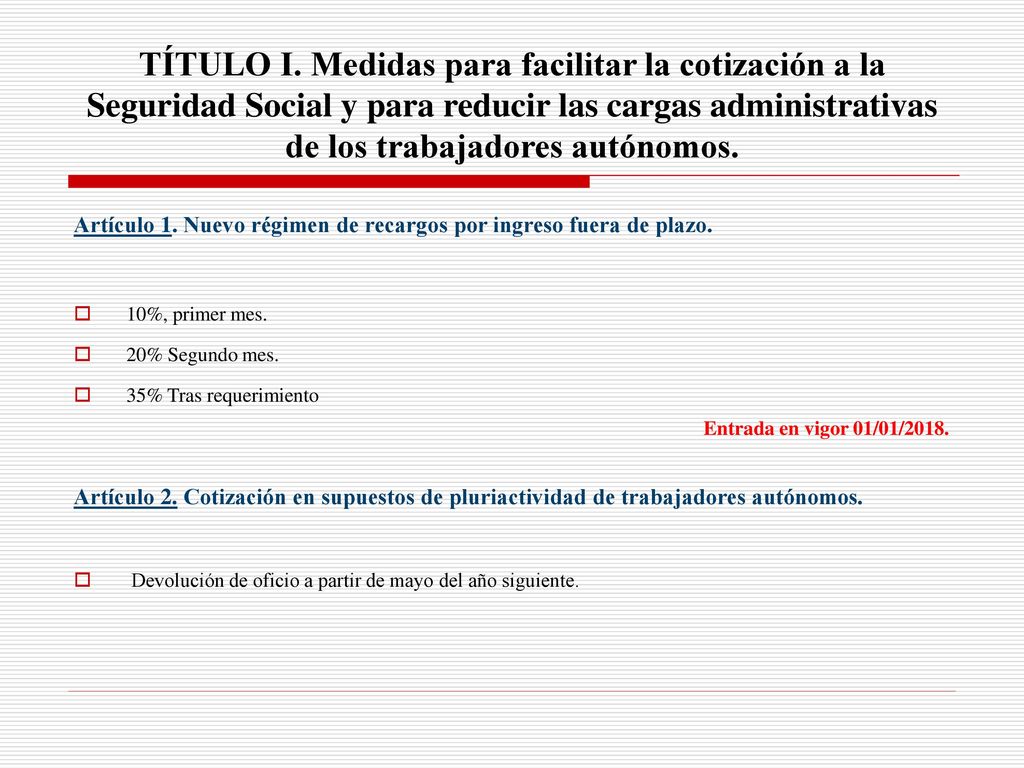 TÍTULO I. Medidas para facilitar la cotización a la Seguridad Social y para reducir las cargas administrativas de los trabajadores autónomos.