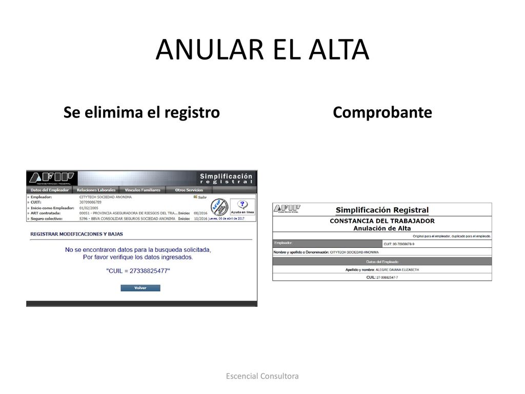 ANULAR EL ALTA Se elimima el registro Comprobante Escencial Consultora