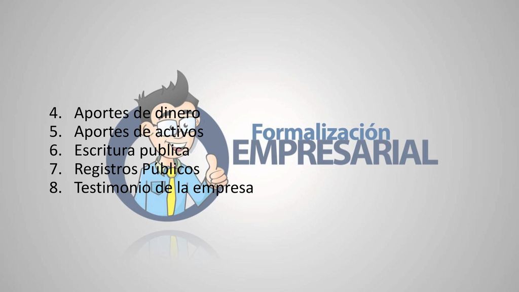 4. Aportes de dinero 5. Aportes de activos 6. Escritura publica 7