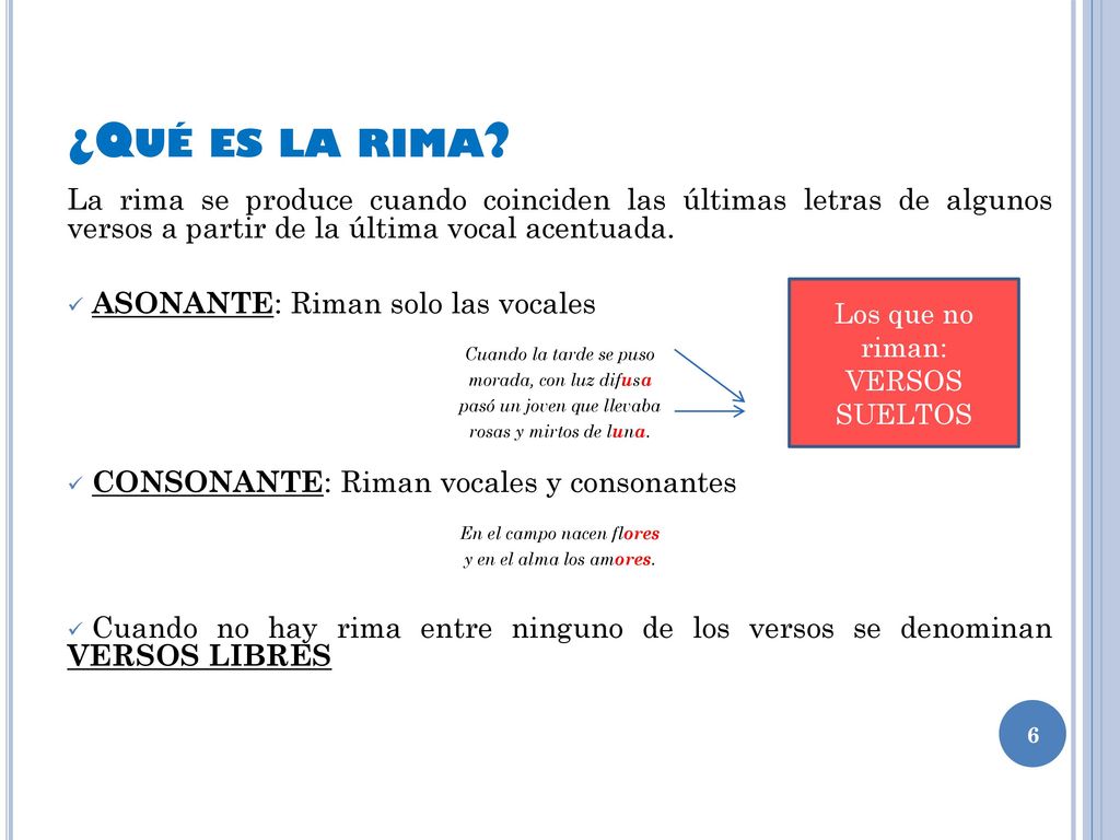 ¿Qué es la rima La rima se produce cuando coinciden las últimas letras de algunos versos a partir de la última vocal acentuada.