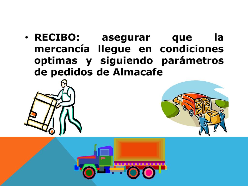RECIBO: asegurar que la mercancía llegue en condiciones optimas y siguiendo parámetros de pedidos de Almacafe
