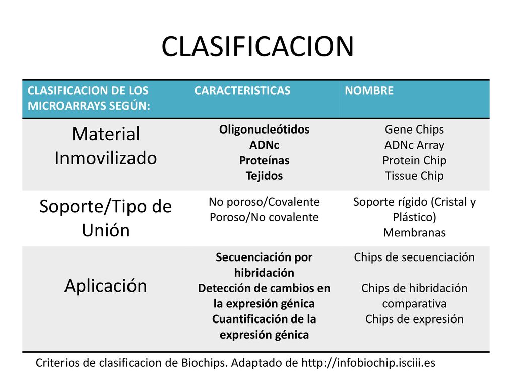 CLASIFICACION Material Inmovilizado Soporte/Tipo de Unión Aplicación