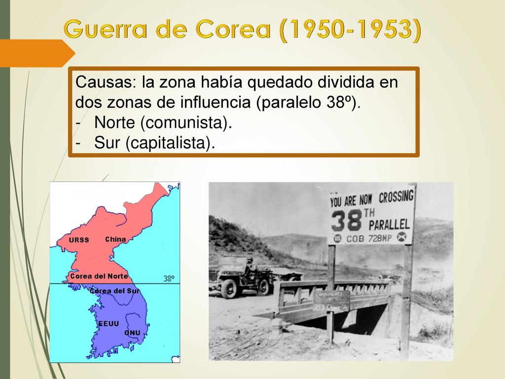 Guerra de Corea ( ) Causas: la zona había quedado dividida en dos zonas de influencia (paralelo 38º).