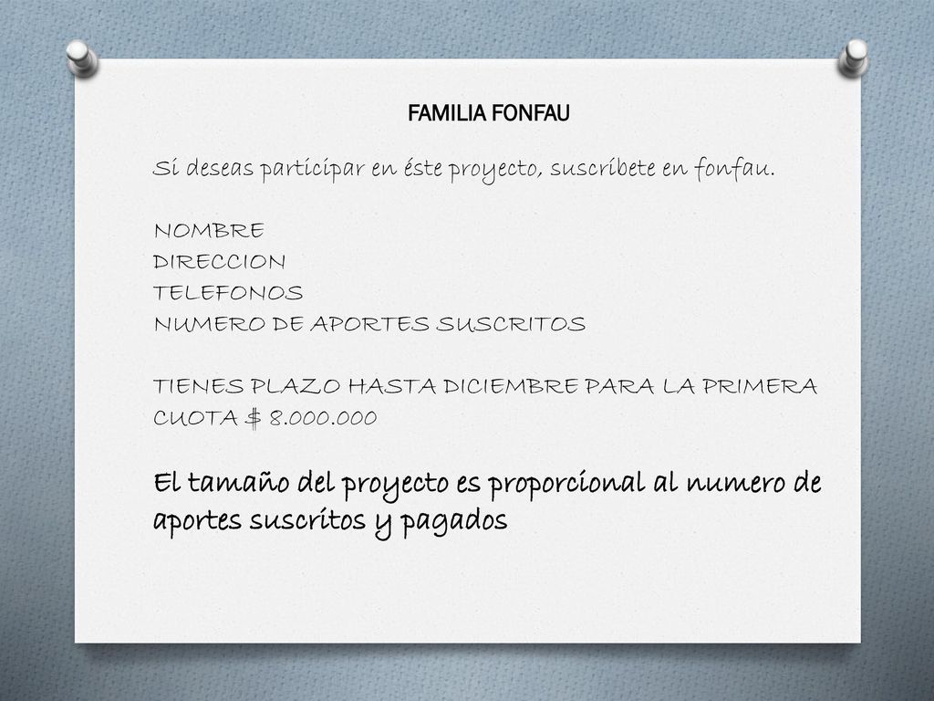 FAMILIA FONFAU Si deseas participar en éste proyecto, suscríbete en fonfau. NOMBRE. DIRECCION. TELEFONOS.