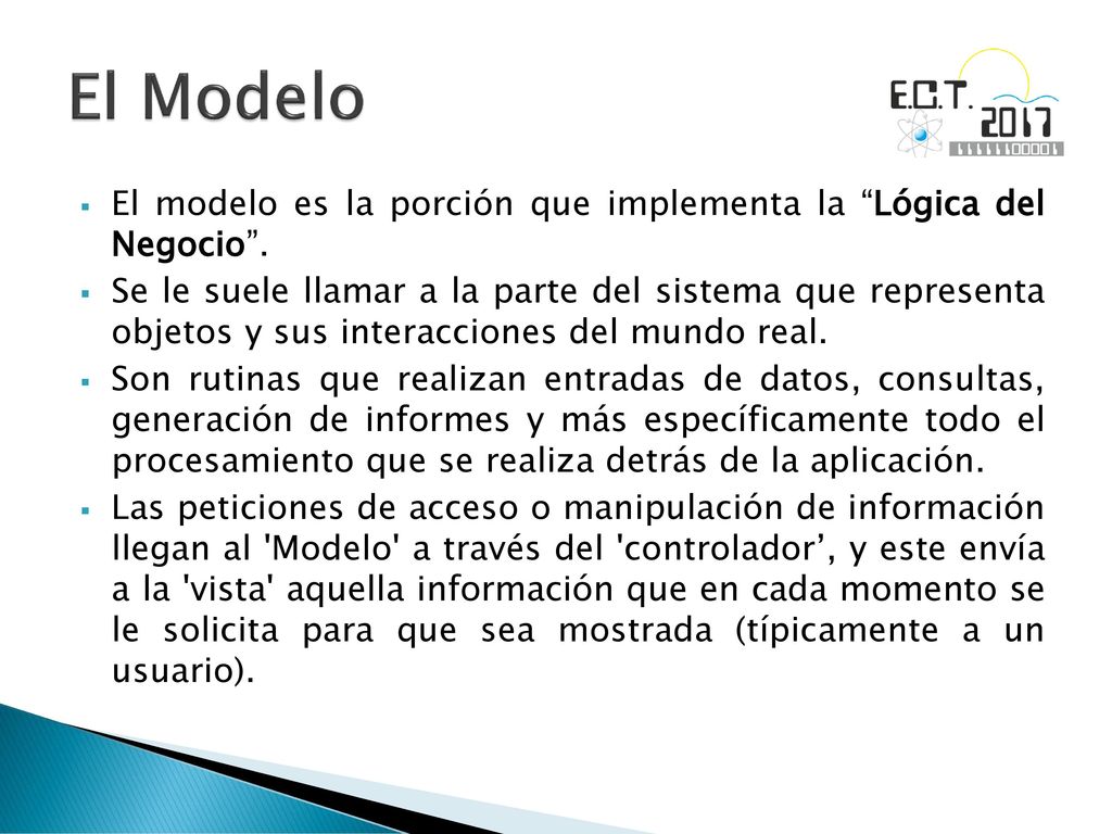 El Modelo El modelo es la porción que implementa la Lógica del Negocio .