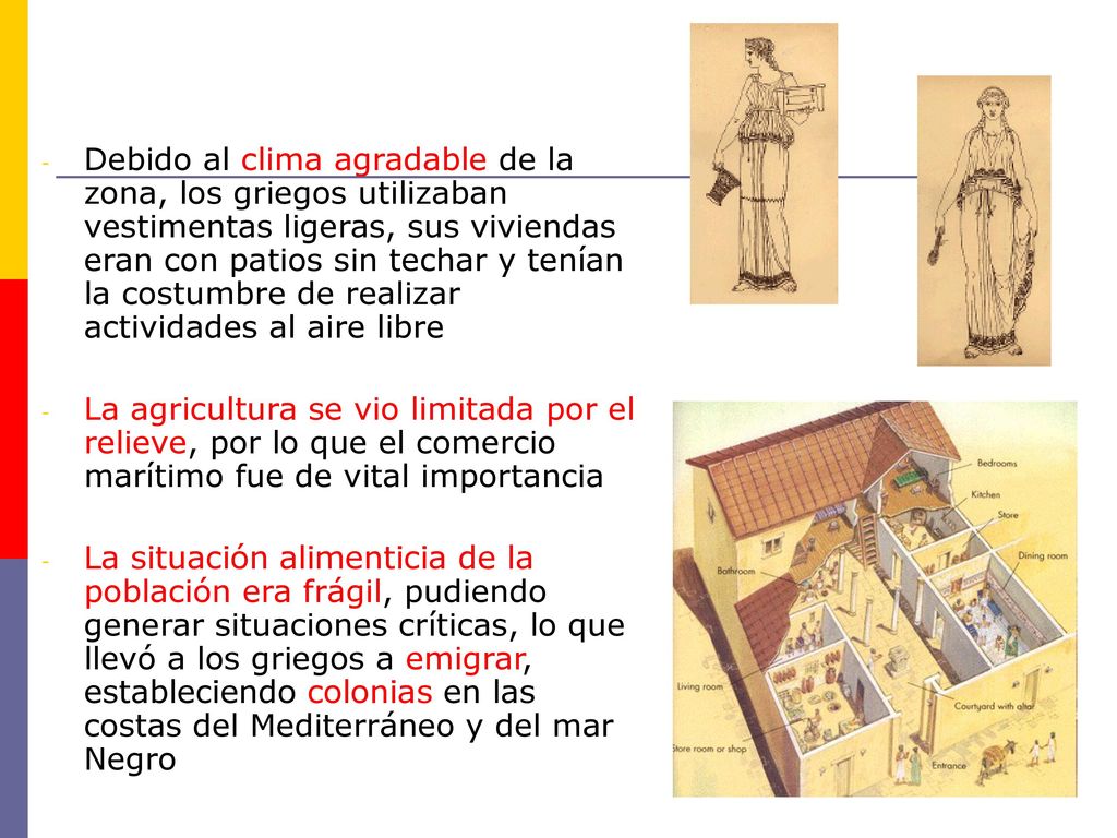 Debido al clima agradable de la zona, los griegos utilizaban vestimentas ligeras, sus viviendas eran con patios sin techar y tenían la costumbre de realizar actividades al aire libre