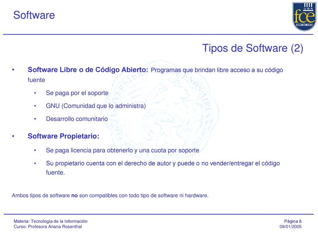 Tipos de Software (2) Software Libre o de Código Abierto: Programas que brindan libre acceso a su código fuente.