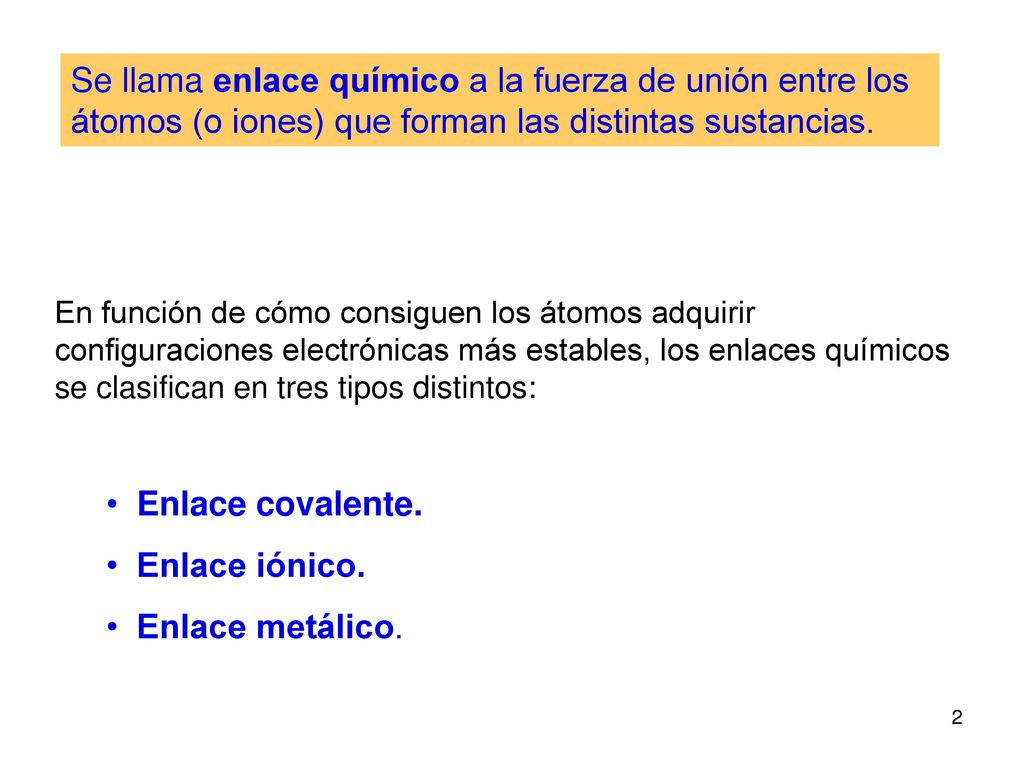 Se llama enlace químico a la fuerza de unión entre los átomos (o iones) que forman las distintas sustancias.