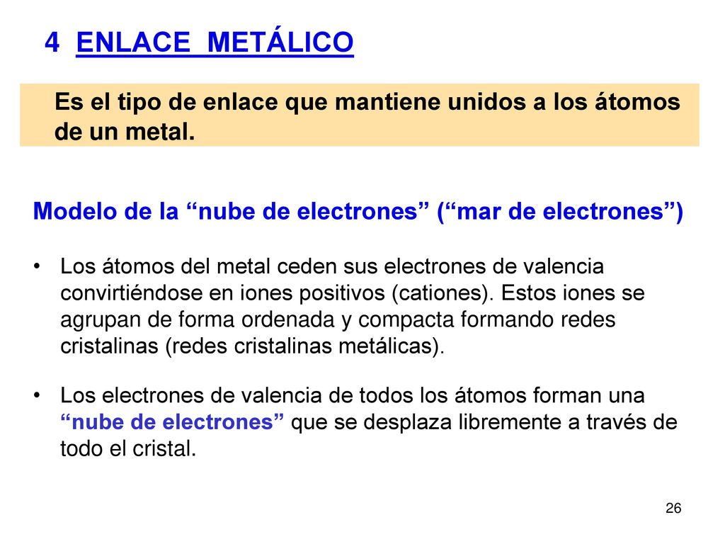 4 ENLACE METÁLICO Es el tipo de enlace que mantiene unidos a los átomos de un metal. Modelo de la nube de electrones ( mar de electrones )