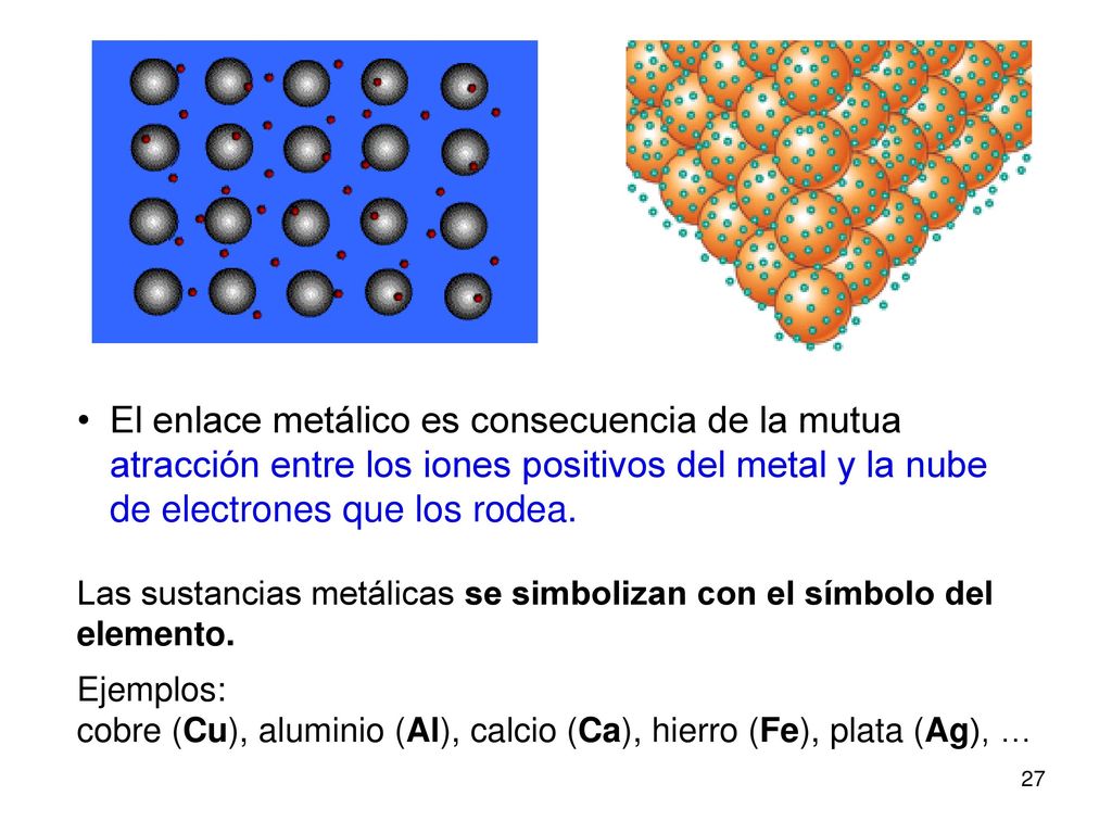 El enlace metálico es consecuencia de la mutua atracción entre los iones positivos del metal y la nube de electrones que los rodea.