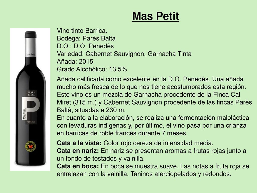 Mas Petit Vino tinto Barrica. Bodega: Parés Baltà D.O.: D.O. Penedès