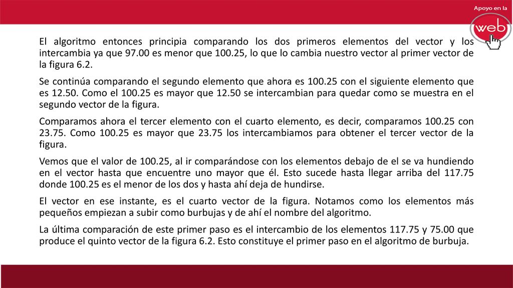 El algoritmo entonces principia comparando los dos primeros elementos del vector y los intercambia ya que es menor que , lo que lo cambia nuestro vector al primer vector de la figura 6.2.