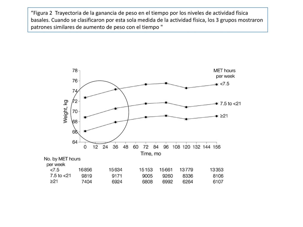 Figura 2 Trayectoria de la ganancia de peso en el tiempo por los niveles de actividad física basales.