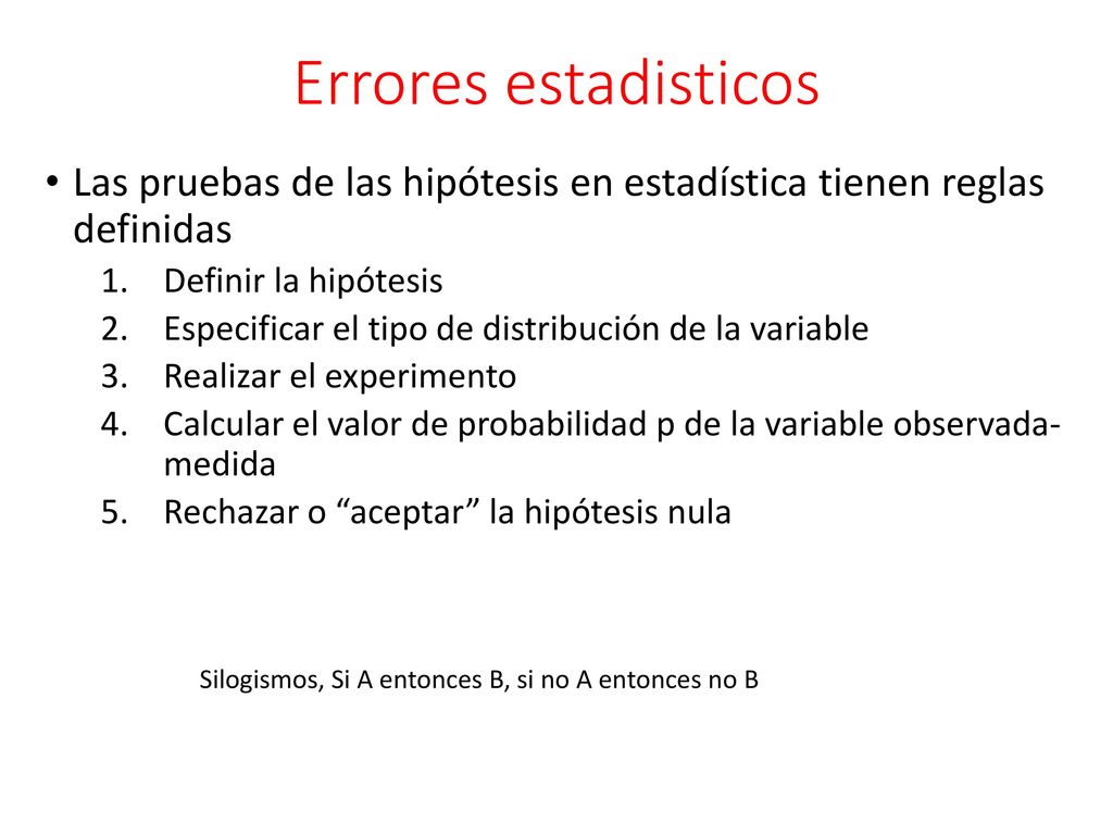 Errores estadisticos Las pruebas de las hipótesis en estadística tienen reglas definidas. Definir la hipótesis.