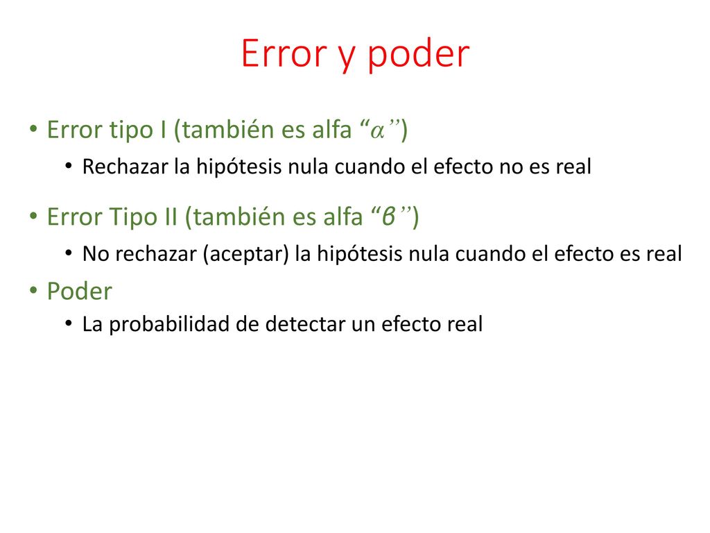 Error y poder Error tipo I (también es alfa α )