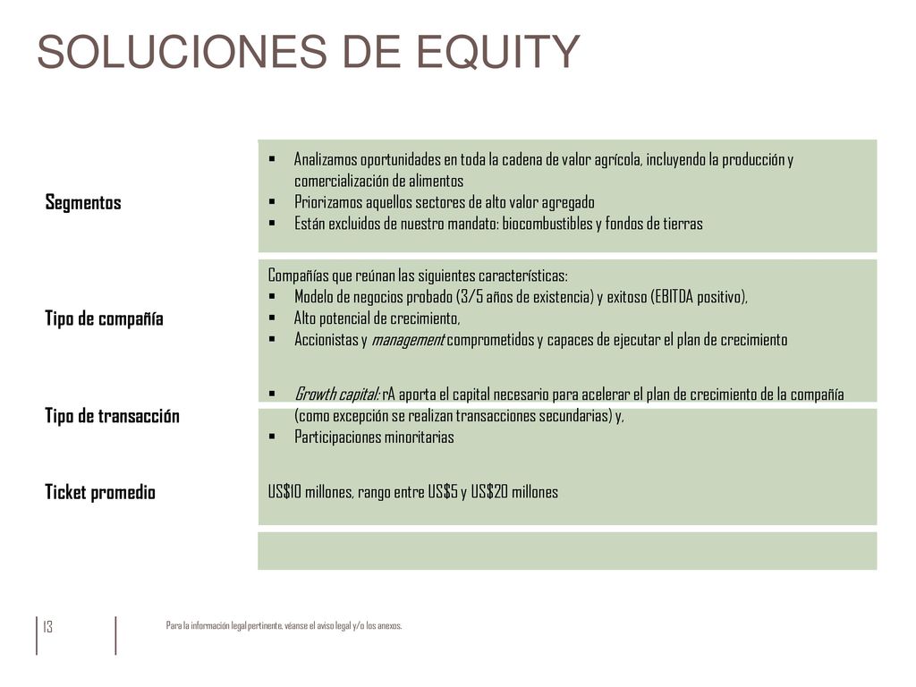 SOLUCIONES DE equity Segmentos Tipo de compañía Tipo de transacción