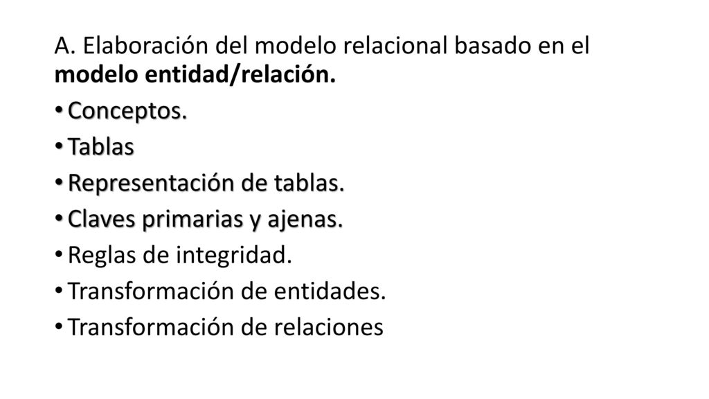 A. Elaboración del modelo relacional basado en el modelo entidad/relación.