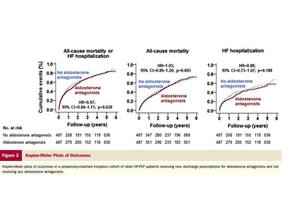 Durante 2,4 años de seguimiento medio, la variable principal compuesta de mortalidad por todas las causas o hospitalización por insuficiencia cardíaca se produjo en 392 (81% de 487) y 393 (81% de 487) de pacientes emparejados que recibieron y no recibieron una nueva prescripción de alta antagonistas de aldosterona, respectivamente (relación de riesgo {HR} asociada con el uso de antagonistas de aldosterona, 0.97; intervalo de confianza del 95% (CI), ; p = 0.628;
