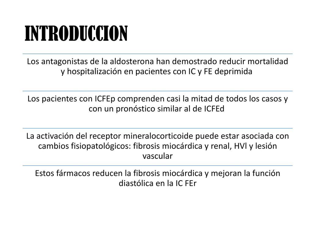 INTRODUCCION Los antagonistas de la aldosterona han demostrado reducir mortalidad y hospitalización en pacientes con IC y FE deprimida