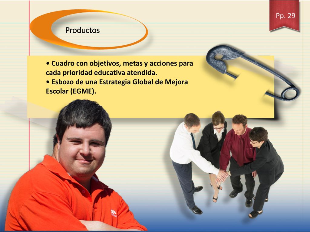 Pp. 29 Productos. • Cuadro con objetivos, metas y acciones para cada prioridad educativa atendida.