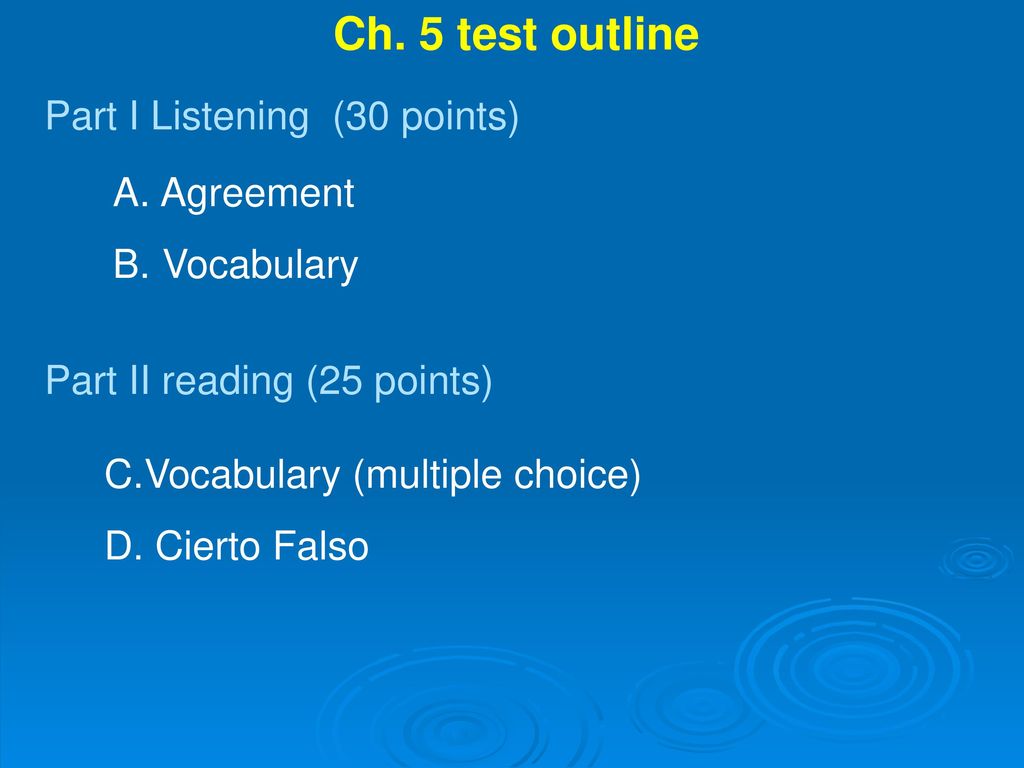 Ch. 5 test outline Part I Listening (30 points) Agreement Vocabulary