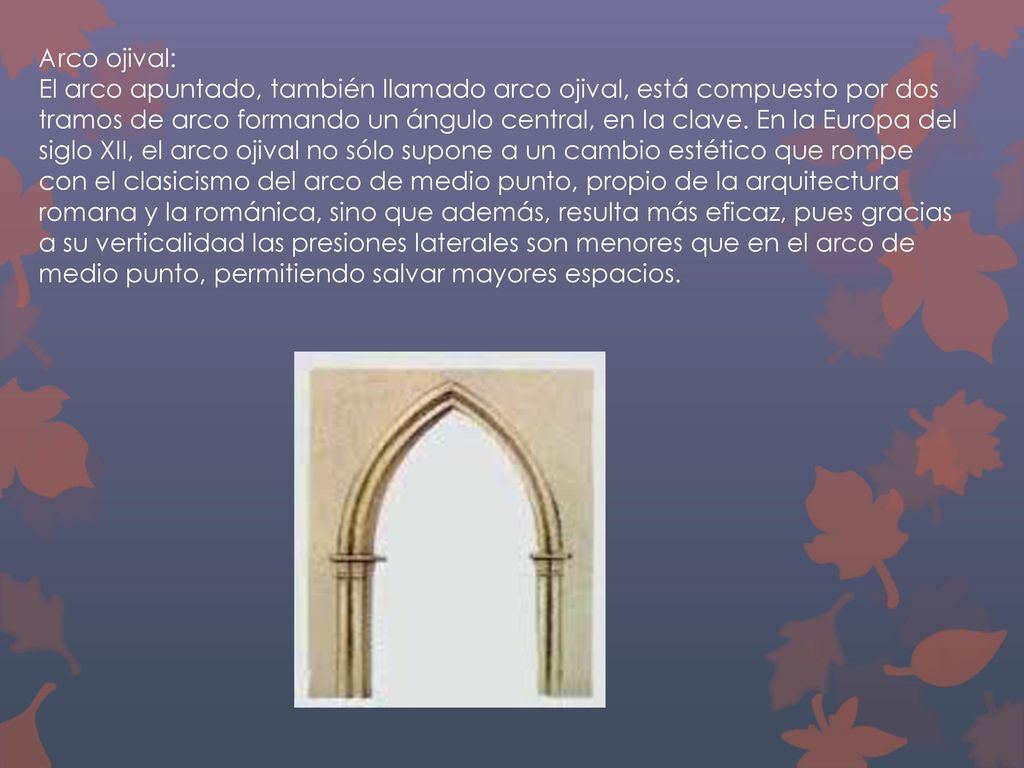 Arco ojival: El arco apuntado, también llamado arco ojival, está compuesto por dos tramos de arco formando un ángulo central, en la clave.