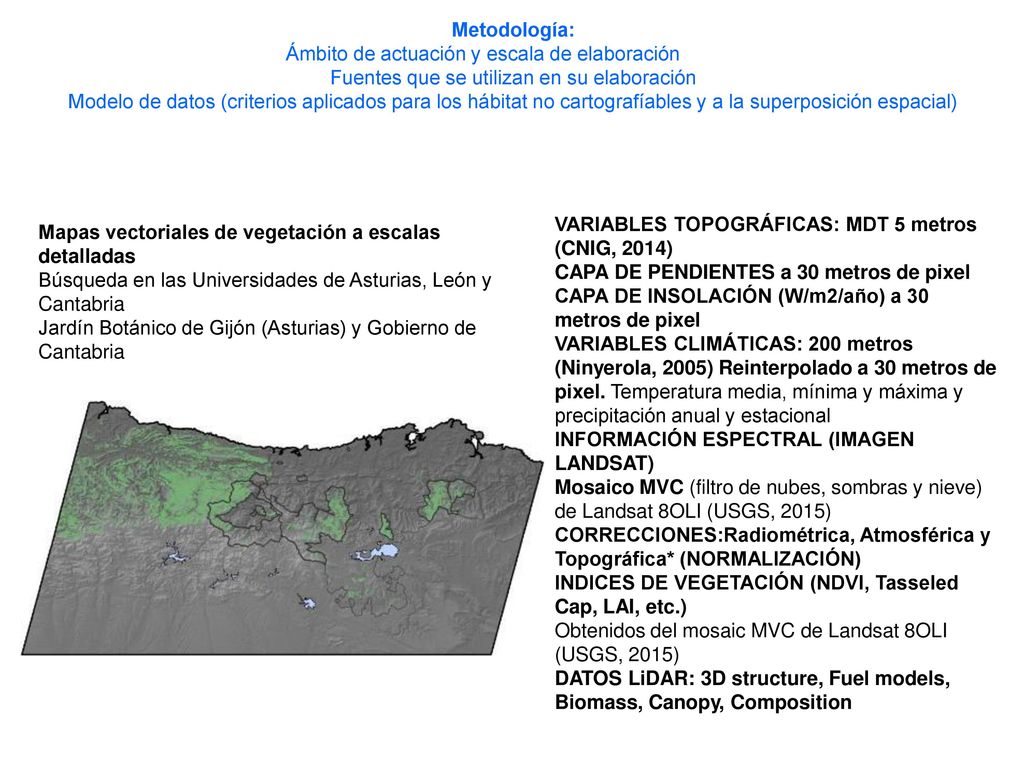 Metodología: Ámbito de actuación y escala de elaboración Fuentes que se utilizan en su elaboración Modelo de datos (criterios aplicados para los hábitat no cartografíables y a la superposición espacial)