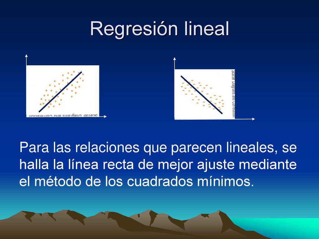 Regresión lineal Para las relaciones que parecen lineales, se halla la línea recta de mejor ajuste mediante el método de los cuadrados mínimos.