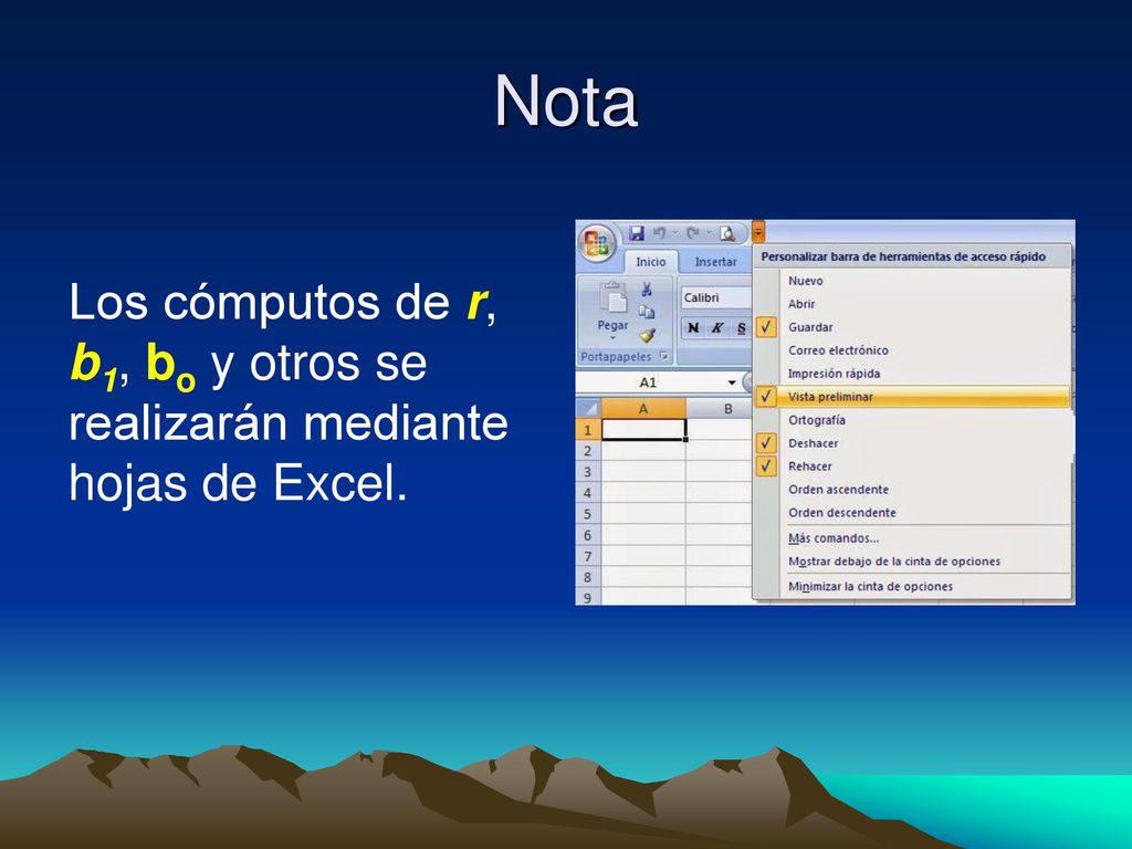 Nota Los cómputos de r, b1, bo y otros se realizarán mediante hojas de Excel.