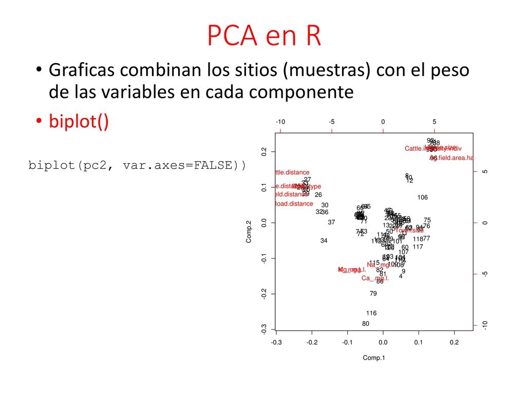 PCA en R Graficas combinan los sitios (muestras) con el peso de las variables en cada componente. biplot()