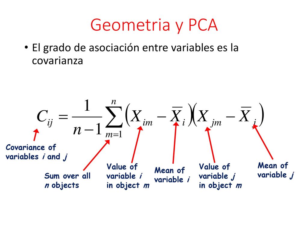 Geometria y PCA El grado de asociación entre variables es la covarianza. Sum over all n objects.