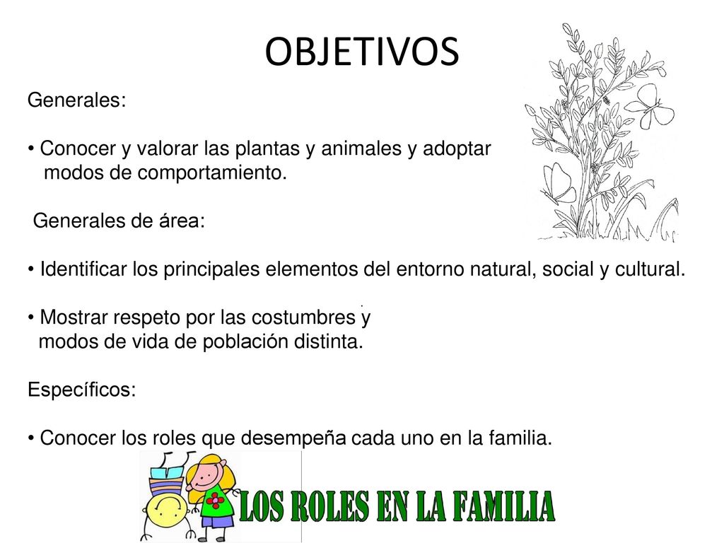OBJETIVOS Generales: Conocer y valorar las plantas y animales y adoptar. modos de comportamiento.