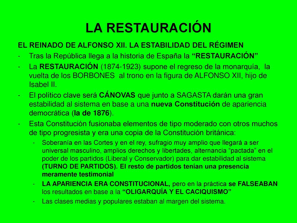 LA RESTAURACIÓN EL REINADO DE ALFONSO XII. LA ESTABILIDAD DEL RÉGIMEN