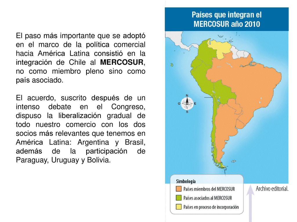 El paso más importante que se adoptó en el marco de la política comercial hacia América Latina consistió en la integración de Chile al MERCOSUR, no como miembro pleno sino como país asociado.