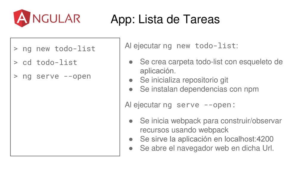 App: Lista de Tareas > ng new todo-list > cd todo-list > ng serve --open. Al ejecutar ng new todo-list:
