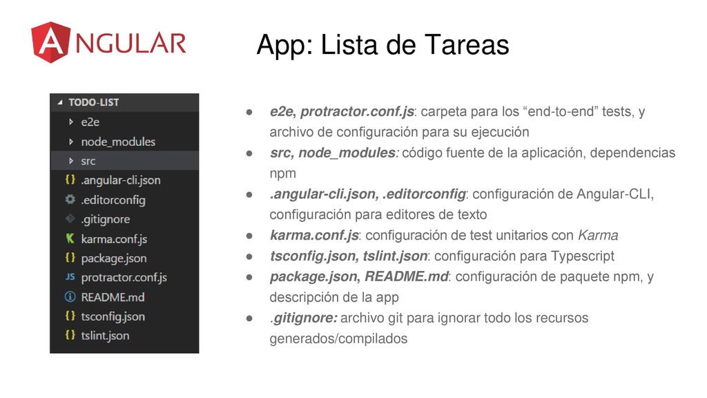 App: Lista de Tareas e2e, protractor.conf.js: carpeta para los end-to-end tests, y archivo de configuración para su ejecución.