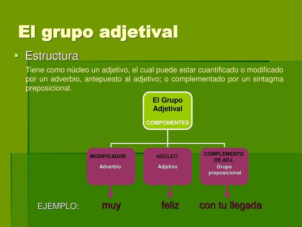 El grupo adjetival Estructura muy feliz con tu llegada EJEMPLO: