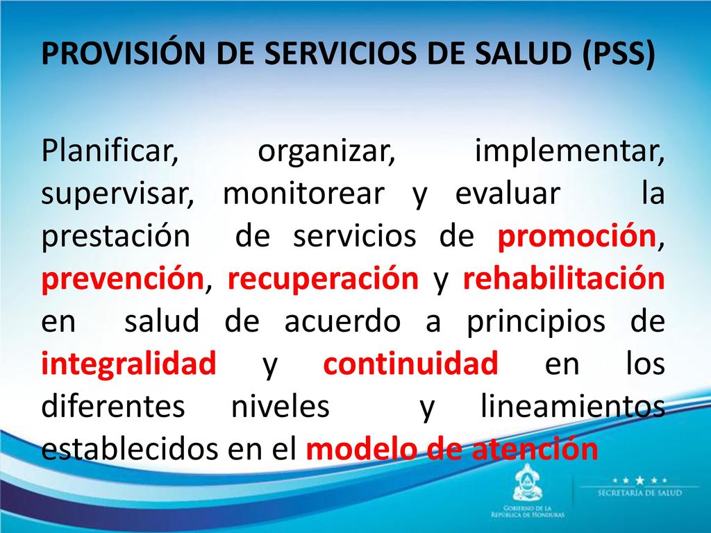 PROVISIÓN DE SERVICIOS DE SALUD (PSS) Planificar, organizar, implementar, supervisar, monitorear y evaluar la prestación de servicios de promoción, prevención, recuperación y rehabilitación en salud de acuerdo a principios de integralidad y continuidad en los diferentes niveles y lineamientos establecidos en el modelo de atención