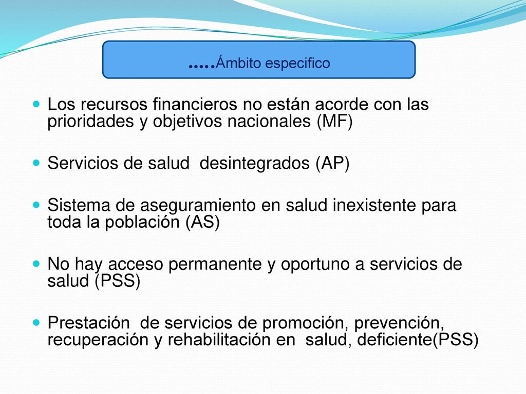 …..Ámbito especifico Los recursos financieros no están acorde con las prioridades y objetivos nacionales (MF)