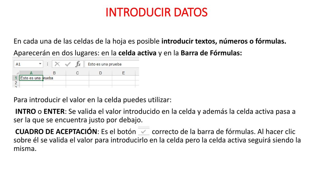INTRODUCIR DATOS En cada una de las celdas de la hoja es posible introducir textos, números o fórmulas.
