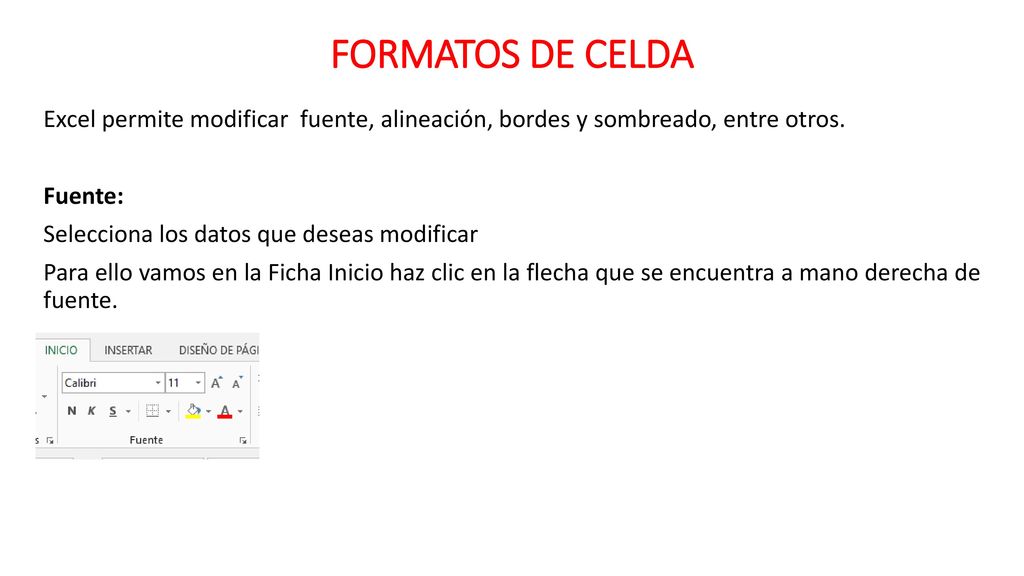 FORMATOS DE CELDA Excel permite modificar fuente, alineación, bordes y sombreado, entre otros. Fuente: