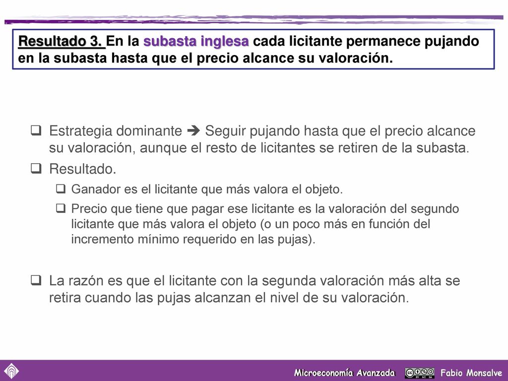 Resultado 3. En la subasta inglesa cada licitante permanece pujando en la subasta hasta que el precio alcance su valoración.